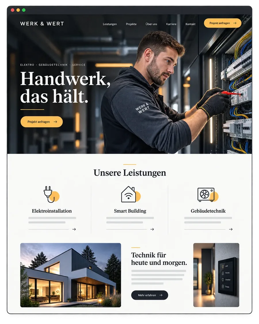 Designbeispiel einer Website für einen Elektro- und Gebäudetechnik-Betrieb