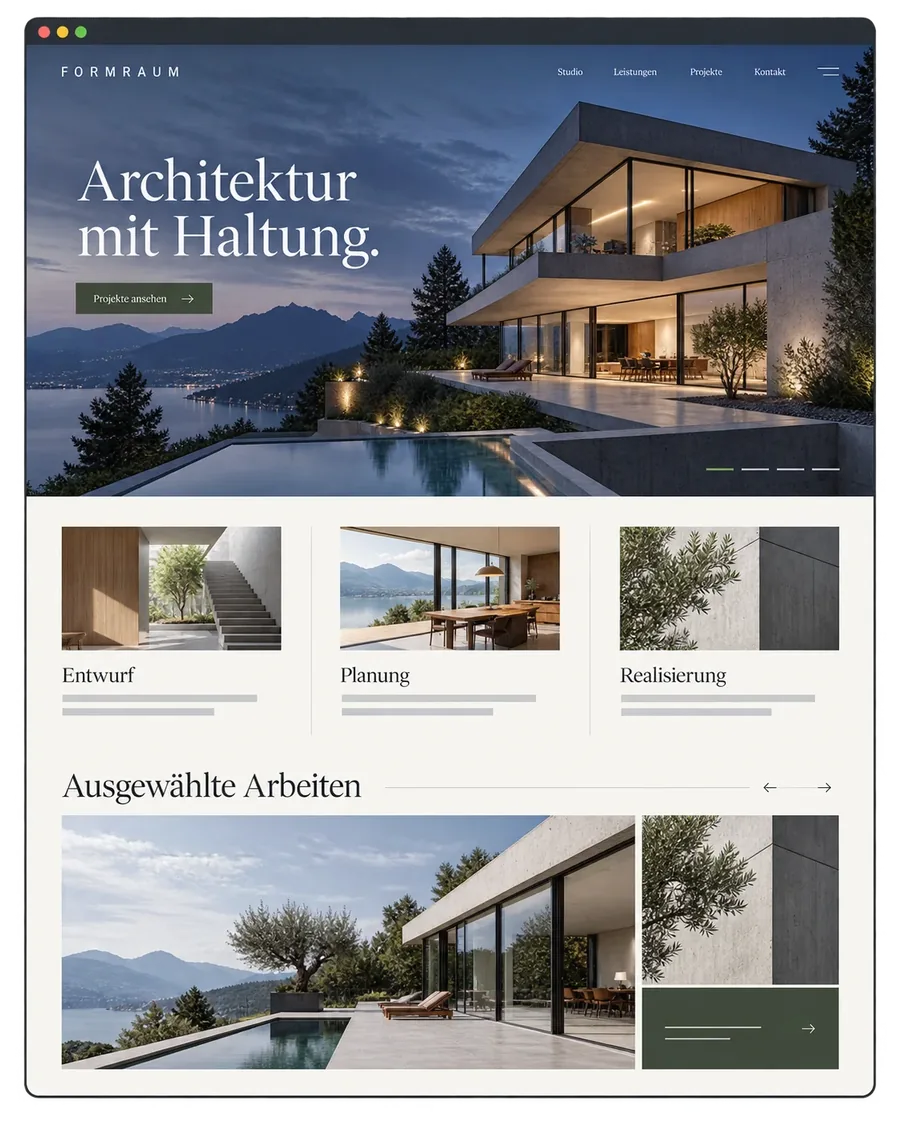 Designbeispiel einer Website für ein Architekturbüro